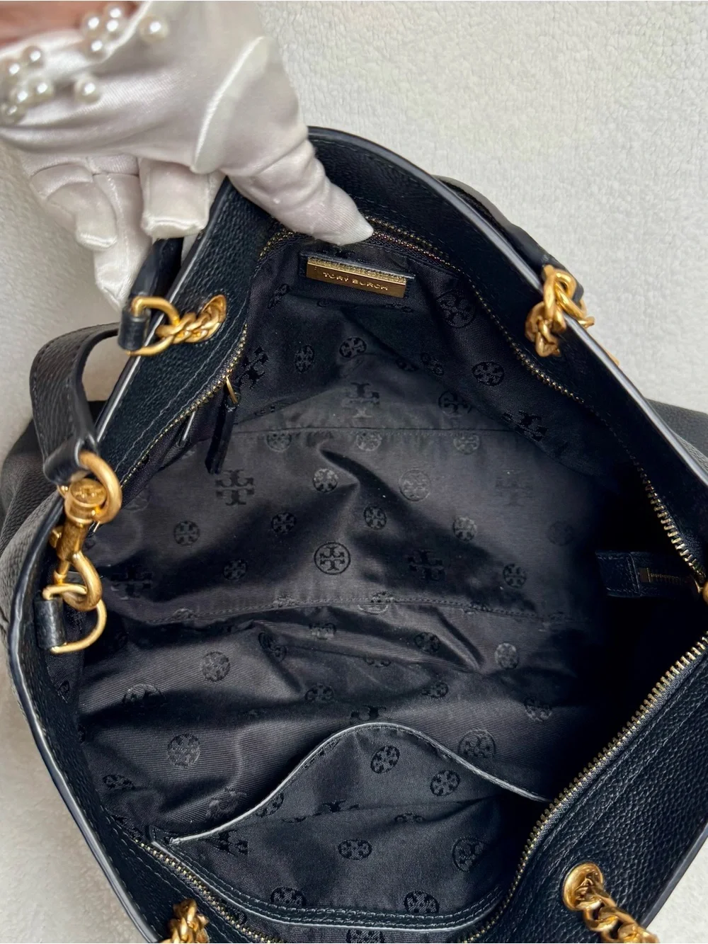 Tory Burch Britten Satchel Black Pebbled Leather Tote Crossbody Bag